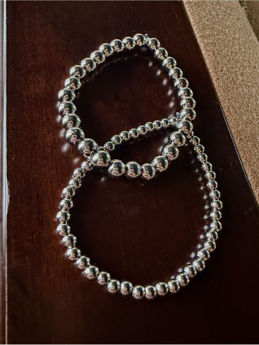 2 Round Stainless Steel Pearl Stretch Bracelets - 4mm & 6mm Pearls - Picture 2 of 3
